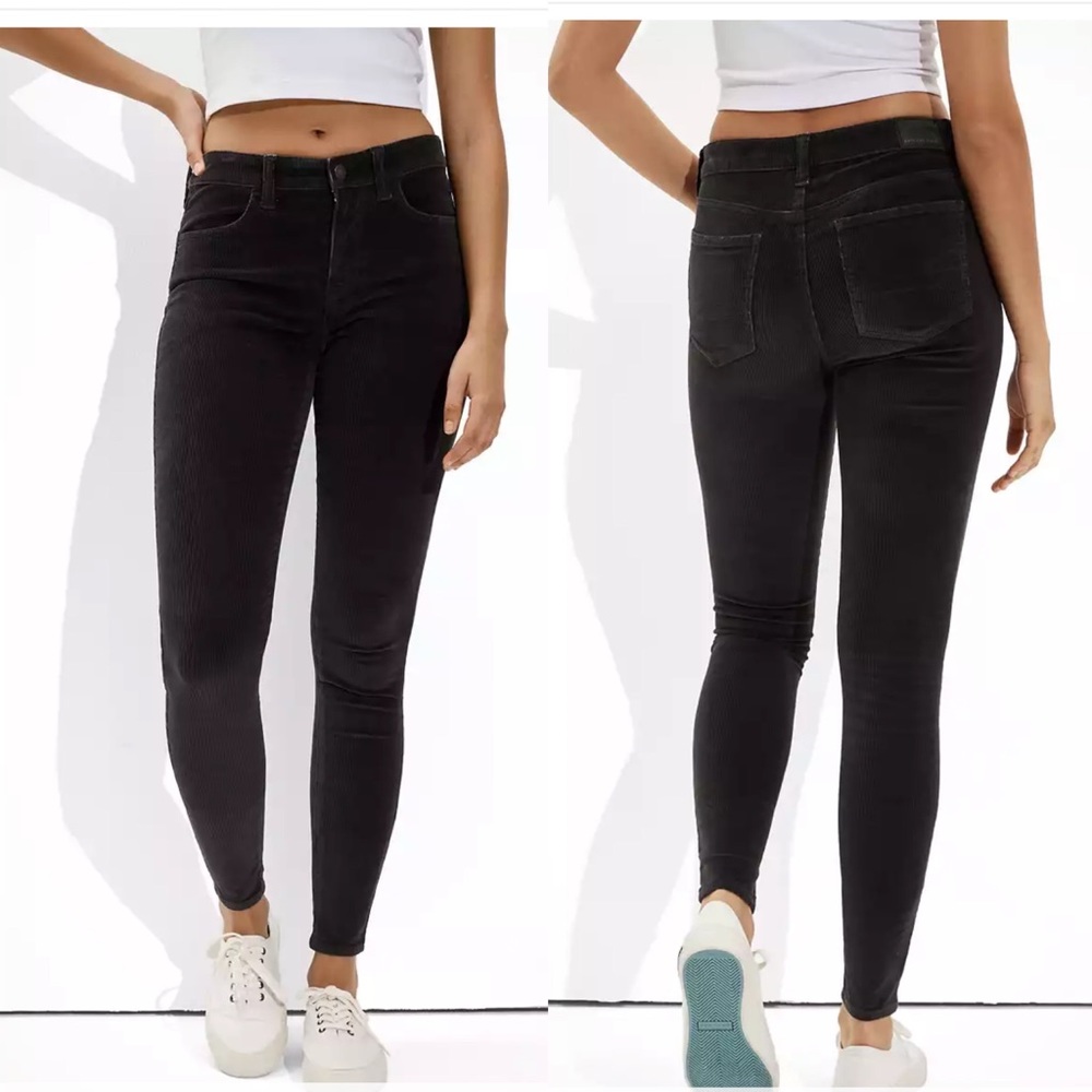 American Eagle Black Corduroy Hi Rise Jeggings Size 4 Extra Long Skinny Fit